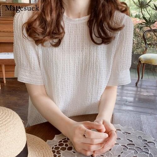 Korea Fall 2021 Women Chiffon Blouse Puff Sleeve O-neck Lace T-shirt Casual Elegant Short Sleeve Female Beige Shirt Blusas 15785