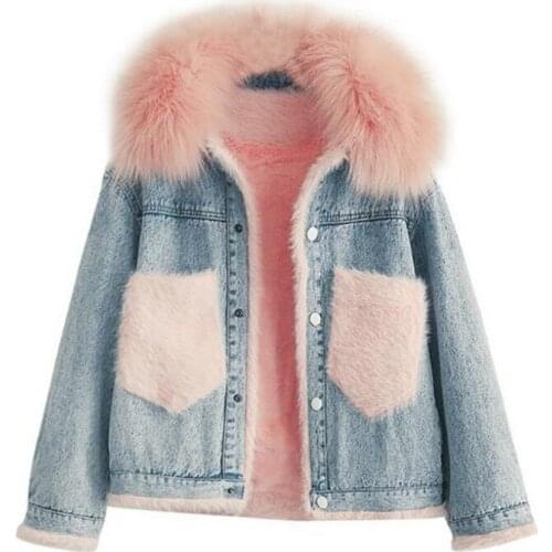 Winter New Listing Imitation Fox Big Fur Collar Denim Cotton Jacket Padded Women Thicken Loose Comfortable Warm Cowboy Coat