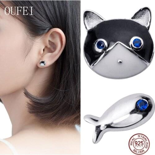 Cute Earring For Women 925 Sterling Silver Stud Earrings Animal Dog And Fish Two Different Fine Simple Earrings Accessories