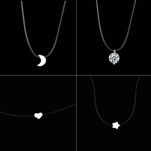 FIMAODZ Simple Zircon Crystal Necklace For Women Fashion Heart Moon Star Pendant Transparent Chain Choker Gift
