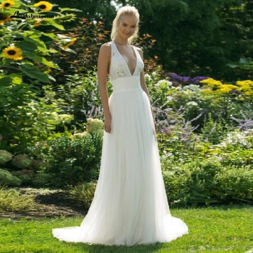 Lashmigown Chic Ladies Wedding Summer Dress 2021 Vestido Novia A Line Boho Style Beach Wedding Dresses Plunging Lace Bodice