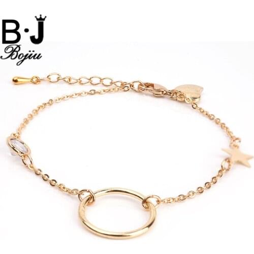 BOJIU Charm Bracelet For Women Heart Star Big Circle Crystal Pendant Bracelet Copper Metal Fashion Jewelry Festival Gifts BC179