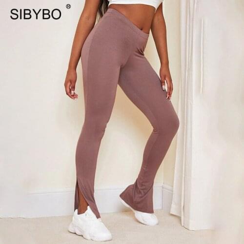 Sibybo Black Sport Fitness Pants Casual Skinny Elastic High Waist Trousers Femme Streetwear 2021 Sexy Split Stretchy Women Pants
