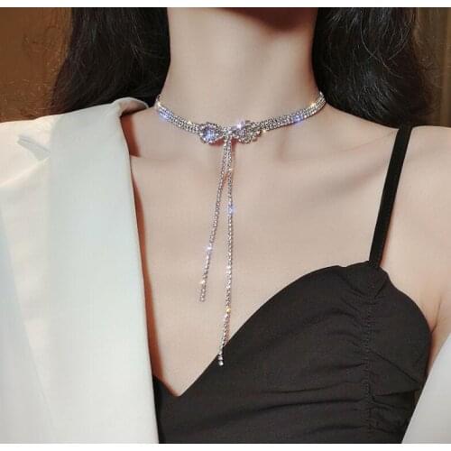 2021 New Luxury Bowknot Crystal Choker Necklaces for Women Long Tassel Rhinestone Necklaces Weddings Jewelry Party Gifts