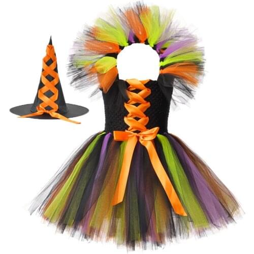 Kids Witch Costume with Witch Hat Girls Knee Length Birthday Party Dress Children Halloween Pageant Witch Dress Up Photo Prop