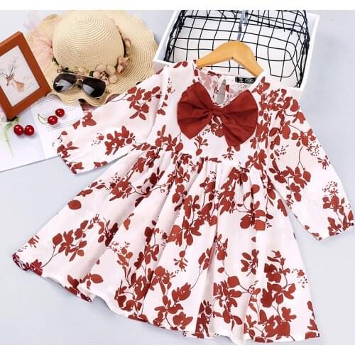 Summer Casual Dress Baby Girl Clothing Cotton Long-Sleeve Bow Printing Kid Dress