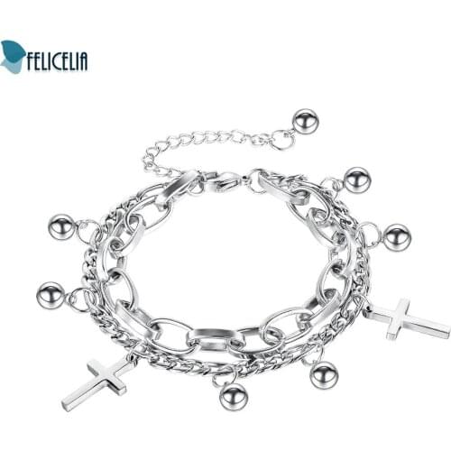 Felicelia Stainless Steel Double Layer Chain Bracelet Cross/Ball Charm Bracelets for Women
