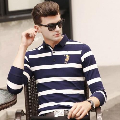 European and American spring and autumn long-sleeved mens POLO shirt business casual striped lapel embroidery mens t-shirt