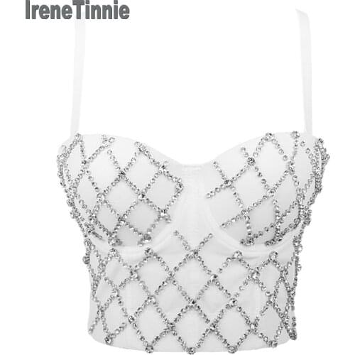 Irene Tinnie Fashion Rhinestone Diamond Denim Crop Top Women Sexy Top Spaghetti Strap Femme Corset Party Club Festival Camisoles