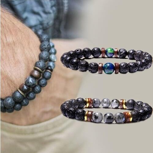 Classic Stretch Bracelets Men Natural Black Volcanic Stone Beads Bangle Buddhism Wood Charm Bracelets For Women Mineral Jewelry