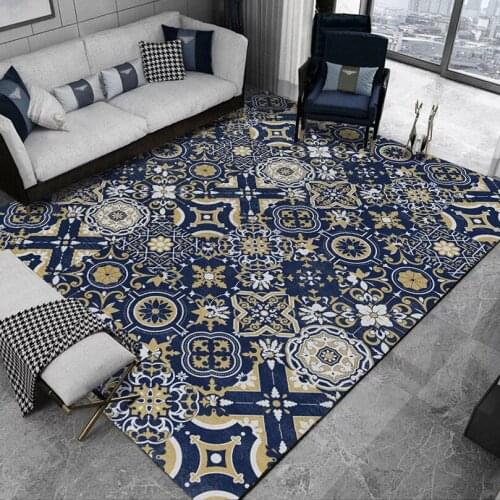 DeMissir Mediterranean Blue Gemetric Flowers Printed Carpets Rugs For Home Living Room Bedroom Kitchen Bedside Table Pad
