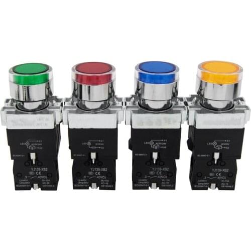 22mm Momentary XB2-BW3361 Round Push Button Switch with LED light 1NO 24V/AC220V/AC380V Green,Red,Yellow,Blue ZB2-BE101C