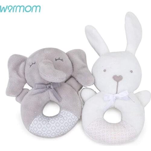 Warmom Cartoon Elephant Rabbit Civet and Ring Baby Rattles Toys for 0-12Months Puzzle Plush Doll Toy Hand Bells Baby Accessories