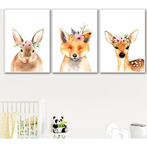 Cute Jungle Animals Bunny Fox Sika Deer Flower Wall Art Canvas Painting Nordic Posters And Prints Wall Pictures Kids Room Decor