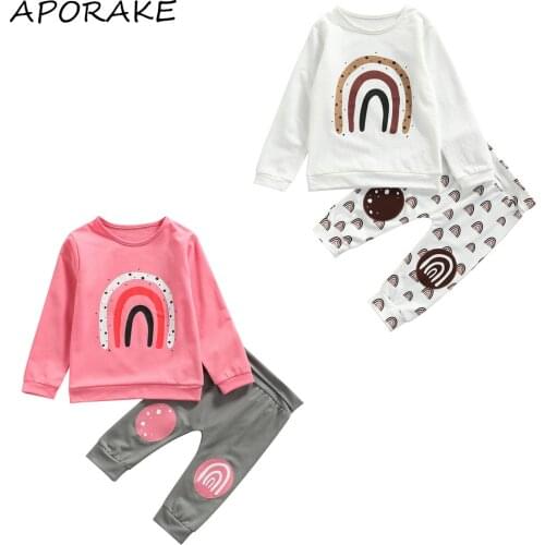 2021 0-4Y Autumn Kids Baby Girl Boy Clothes Set Tracksuit Rainbow Print Long Sleeve Sweatshirt+Patch Long Pants Sweet 2pcs