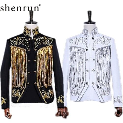 Shenrun Mens Black White Suit Jacket Sequins Embroidery Gold Silver Twinkle Tassel Blazers Slim Fit Stage Dress Singer Costumes