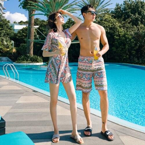 New Couple Swimwear One-Piece Skirt Slimming Steel Support Gathering Womens Swimsuit Mens Beach Pants Boys Swimming Clothe