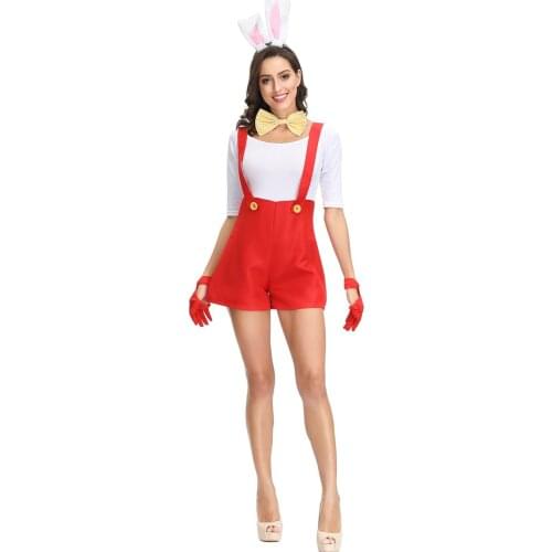 Adorable Womens Bunny Girl Braces Overalls Halloween Rabbit Masquerade Costume