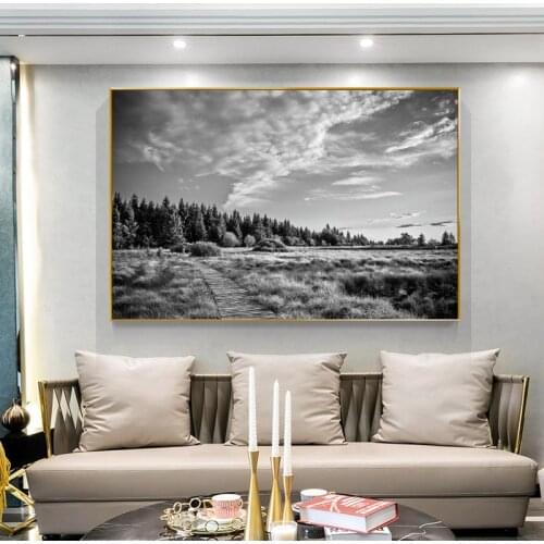 Large Size Landscape Painting Gray Tree Poster Wall Art Canvas Print Cloud And Grass Picture For Living Room Bedroom Decoration