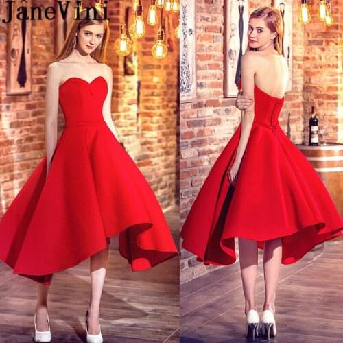 JaneVini Lebanon Red Hi-Lo Bridesmaid Dresses for Wedding Party 2018 Sweetheart Satin Prom Dresses Girls High Low Formal Gown