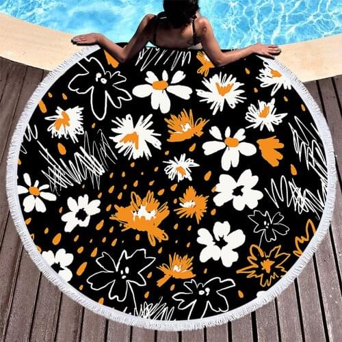 150cm Floral Flower Beach Towel Big Round Microfiber Beach Towels with Tassel for Living Room Home Decor Boho Style Bath Towel