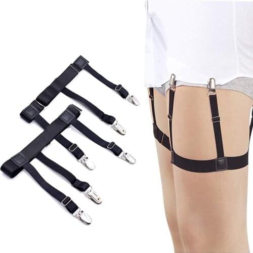 2pcs Men‘s Shirt Stays Garters Adjustable Elastic Leg Suspenders Shirt Holders Straps Belt Non-slip Locking Clamps Black