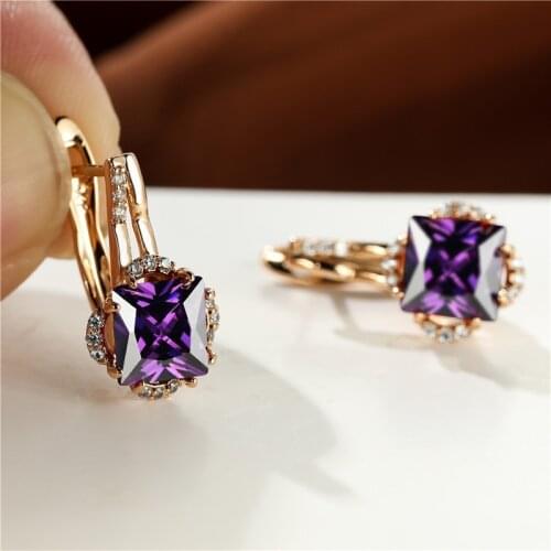 Purple Crystal Square Stone Earrings Charm Multicolor Zircon Hoop Earrings Rose Gold Color Small Earrings For Women Boho Jewelry