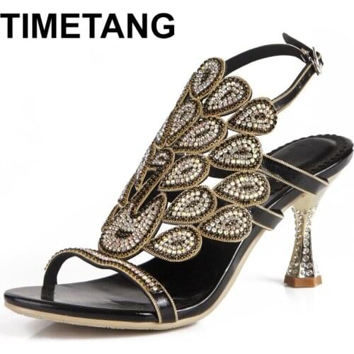 TIMETANGBlack Rhinestone Women Sparkling Sandals Peacock Style Lady Heels Homecoming Party Dress Summer Back Strap Shoes E1088