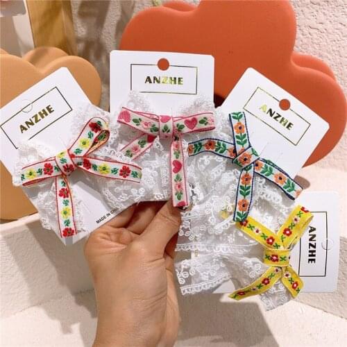 2021 New Korea Sweet Girl Princess Lace Bow Hairpins Fashion Childrens Embroidery Flower Duckbill Clip Hair Accessories