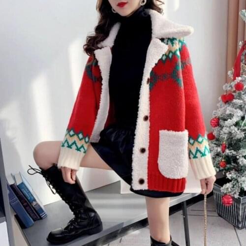 2021 Women Clothing Cardigans Korean Style Casual Jackets Patchwork Knitting Fashion Christmas Winter Warm Thick Lapel Coat