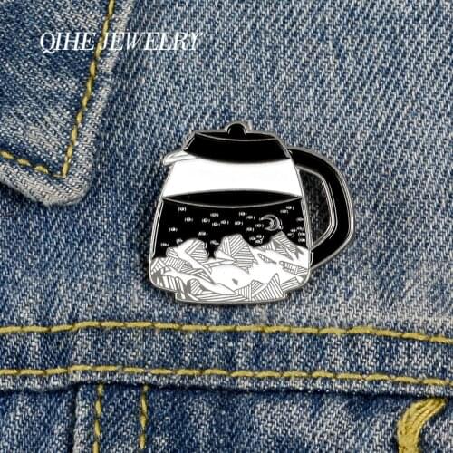 QIHE JEWELRY Kettle Pins Contains Starry Sky Night Enamel Pins Creative Metal Brooches Badges Denim Clothes Women Pins Fun Gifts