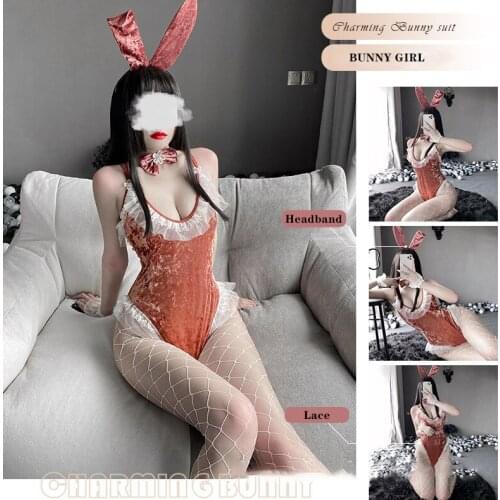 5Pcs V Neck Backless Women Lace Velvet Bodysuit Kawaii Cute Anime Style Bunny Girl Cosplay Costume Skinny Sexy Erotic Lingerie