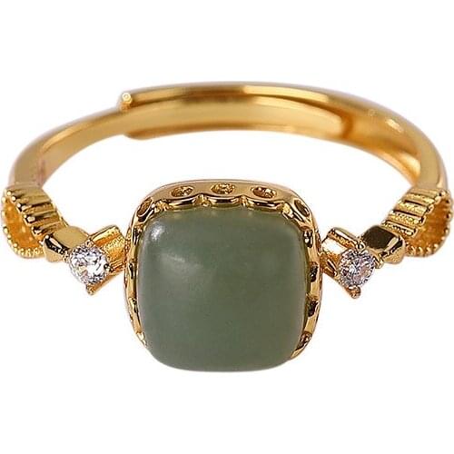 925 sterling silver gold plated Hetian jade Qiemo blue ring personality simple hollow square ladies ring