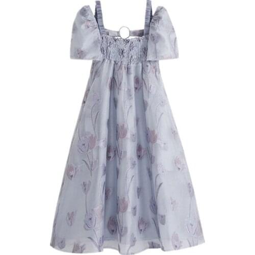 2021 Summer New French Flower Print Collar Dress Brand Designer Fashion Women Dress Hollow Out Collect Waist Elegant Party Dress