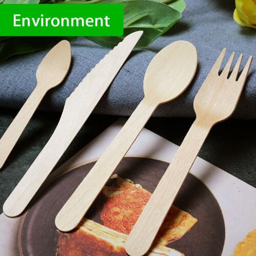 100 PCS Wood silverware Cutlery Disposable Spoons Forks Knives Party Supplies Party Tableware For Ice-cream Fruit cake dessert