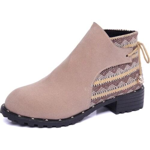 2018 Vintage Ankle Boots Autumn Bow Cross Tied Square Heel Women Boots Back Lace Up Flock Casual Shoes