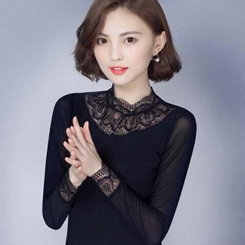5XL New lace stitching net yarn autumn women bottoming shirt hot drilling long sleeves solid women shirt slim top blusas DD2219