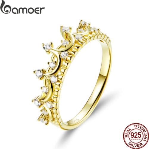 BAMOER Authentic 925 Sterling Silver Princess Crown Gold Color Crown Rings for Women Wedding Ring Jewelry Anel SCR493