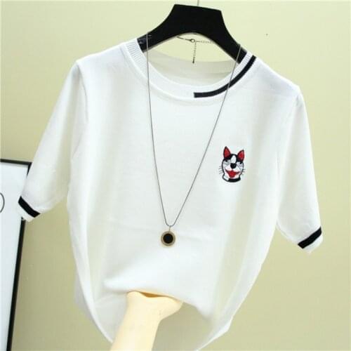 Black White pullovers Striped Sweater Femme Embroidery Thin Knitted T Shirts Women Summer Casual Loose T-Shirt Short Sleeve Tops