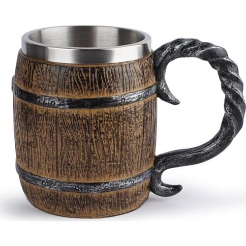 450ML Wood Style Beer Mug Christmas Gift Simulation Wooden Barrel Beer Cup Double Wall Drinking Mug Metal Insulated Drinking