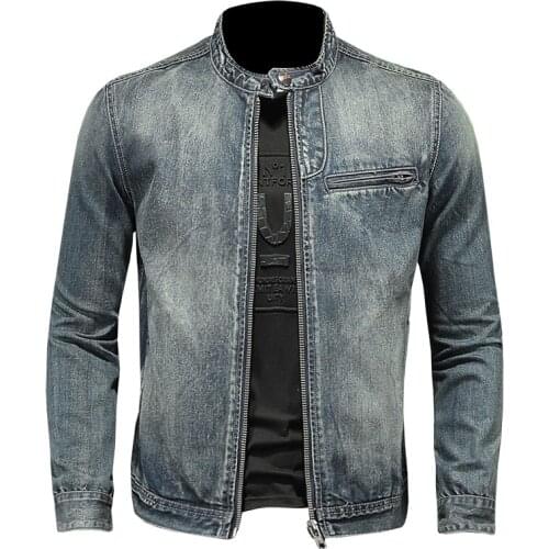 Mens retro riding denim jacket Japanese and Korean fashion jeans jacket stand-up collar plus size M-4XL top