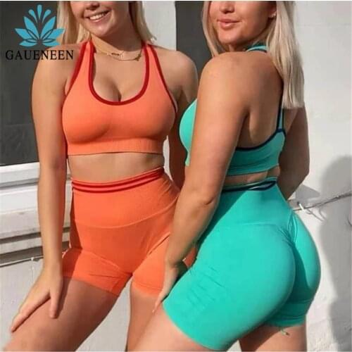 GAUENEEN 2 Piece Striped Seamless Yoga Set Women Fitness Sports Bra High Waist Shorts Workout Gym Sets Sportswear Sports Suits