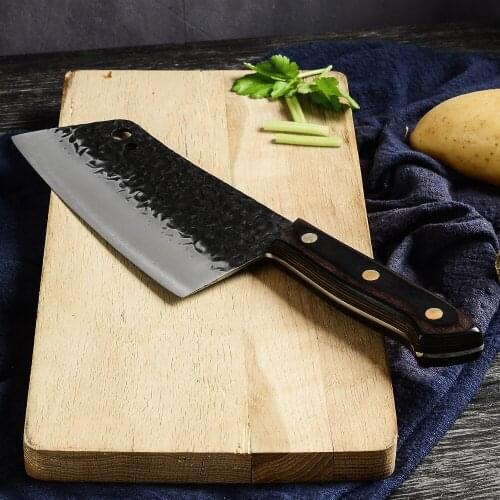 Qing Kitchen Knife 7 Inch Chinese Chef Sharp Meat Cleaver Vegetable Slicing Chopping Pattern Utility Knife with Wood Handle Tool