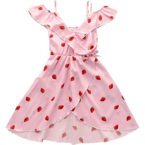 Summer One-piece Clothing Toddler Baby Girls Dress V-neck High Waist Strawberry Printing Sleeveless Irregular Dress 2-7Y
