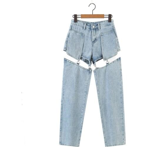 Summer Womens Double Cut and Two Wear Big Pocket Denim Cutout Trousers Fashion Shorts