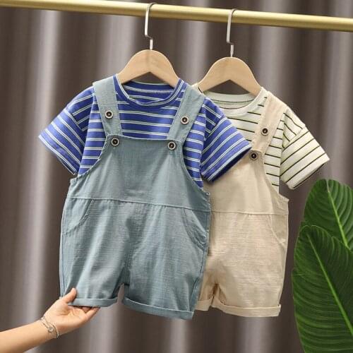 Summer Clothes Infant Baby Boys Clothing Cute Stripe T-Shirt Tops Strap+Shorts Suspender 2pc Toddler Casual Outfits Set 1-4 Year