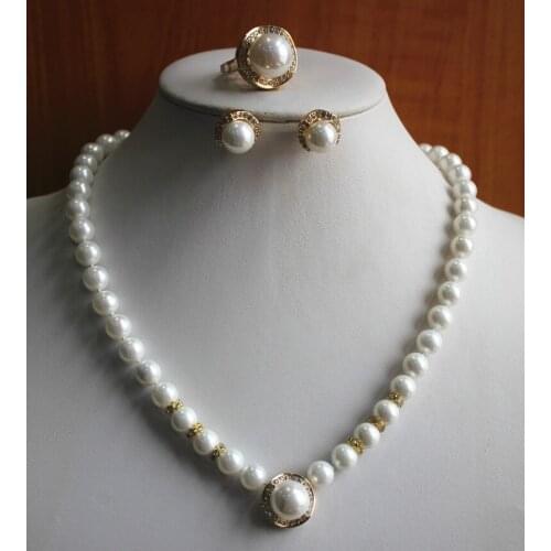 Best gift jewelry set!Wholesale simple and noble Womens pure white pearl Necklace earring ring(7/8/9) set #203