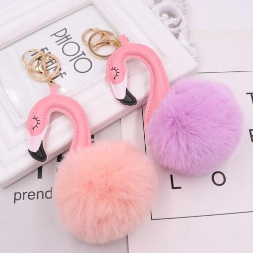 Fashion Cute Chaveiro pompom Keychain Flamingo Key Chain Fluffy Fake Rabbit Fur Ball Women Car Bag pompon Key Ring Accessories