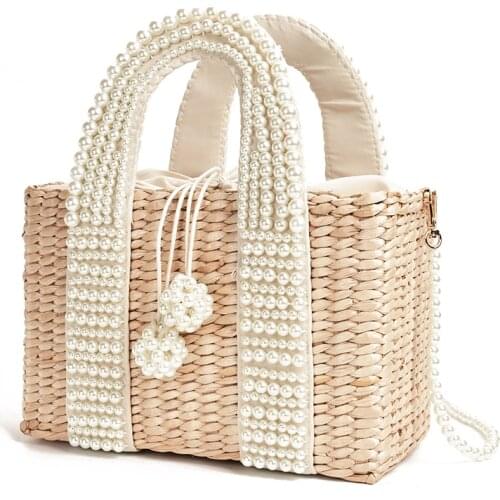 New Womens Bag with Pearl Ladies Hand Bags Straw Basket Large Tote Crossbody Messenger Bag for Womens Handbags and Purses