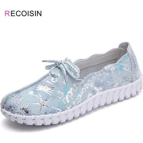 RECOISIN 2020 Autumn Women Flats Loafers Shoes Genuine Leather Flats Shoes Woman Lace-Up Casual Walking Female Loafers Shoes